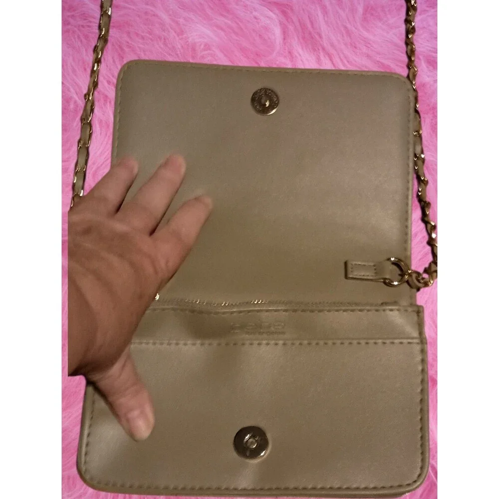 Bebe Beige Brown Quilted Crossbody Shoulder Bag with Gold Chain Strap